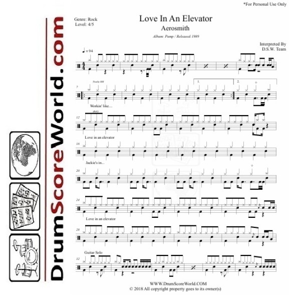 Aerosmith - Love In An Elevator | Drum Sheet + Play-Along Track